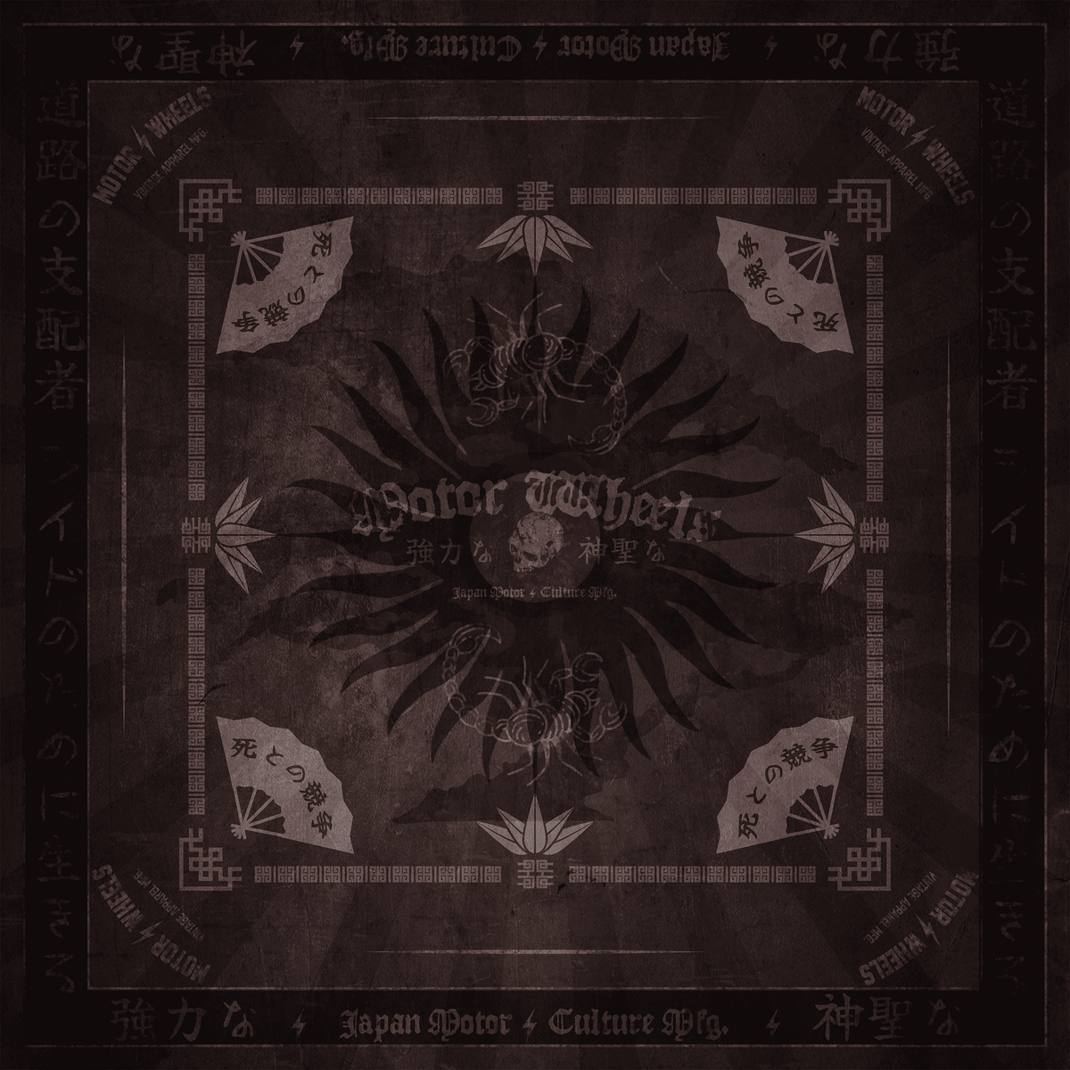 Foulard noir "Live to Ride" Motor Wheels avec motifs scorpions, kanji japonais et lettrage biker