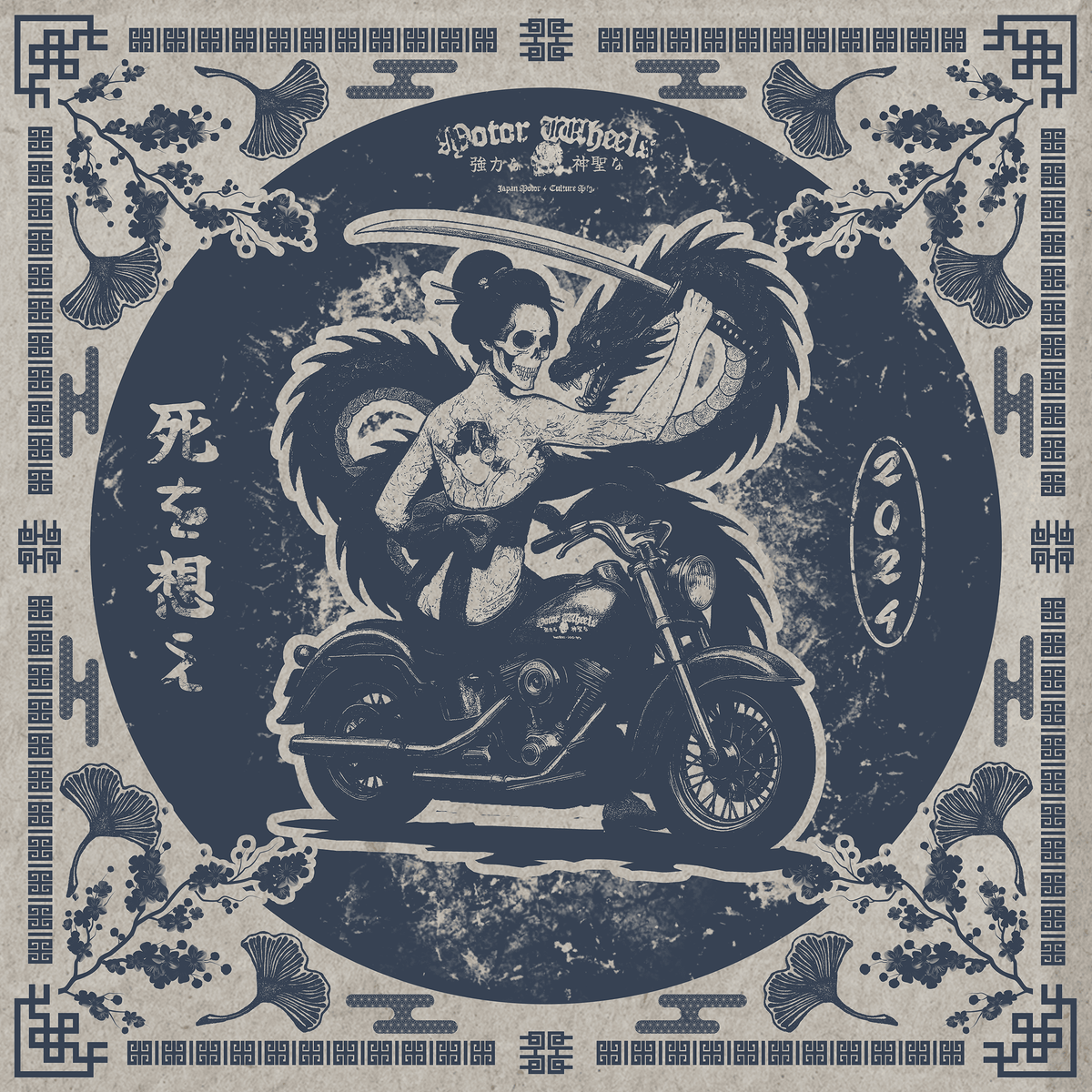 Foulard "Memento Mori" Motor Wheels avec geisha-squelette, dragon japonais et moto custom, style biker indigo vintage