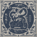 Foulard "Memento Mori" Motor Wheels avec geisha-squelette, dragon japonais et moto custom, style biker indigo vintage