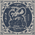 Foulard "Memento Mori" Motor Wheels avec geisha-squelette, dragon japonais et moto custom, style biker indigo vintage