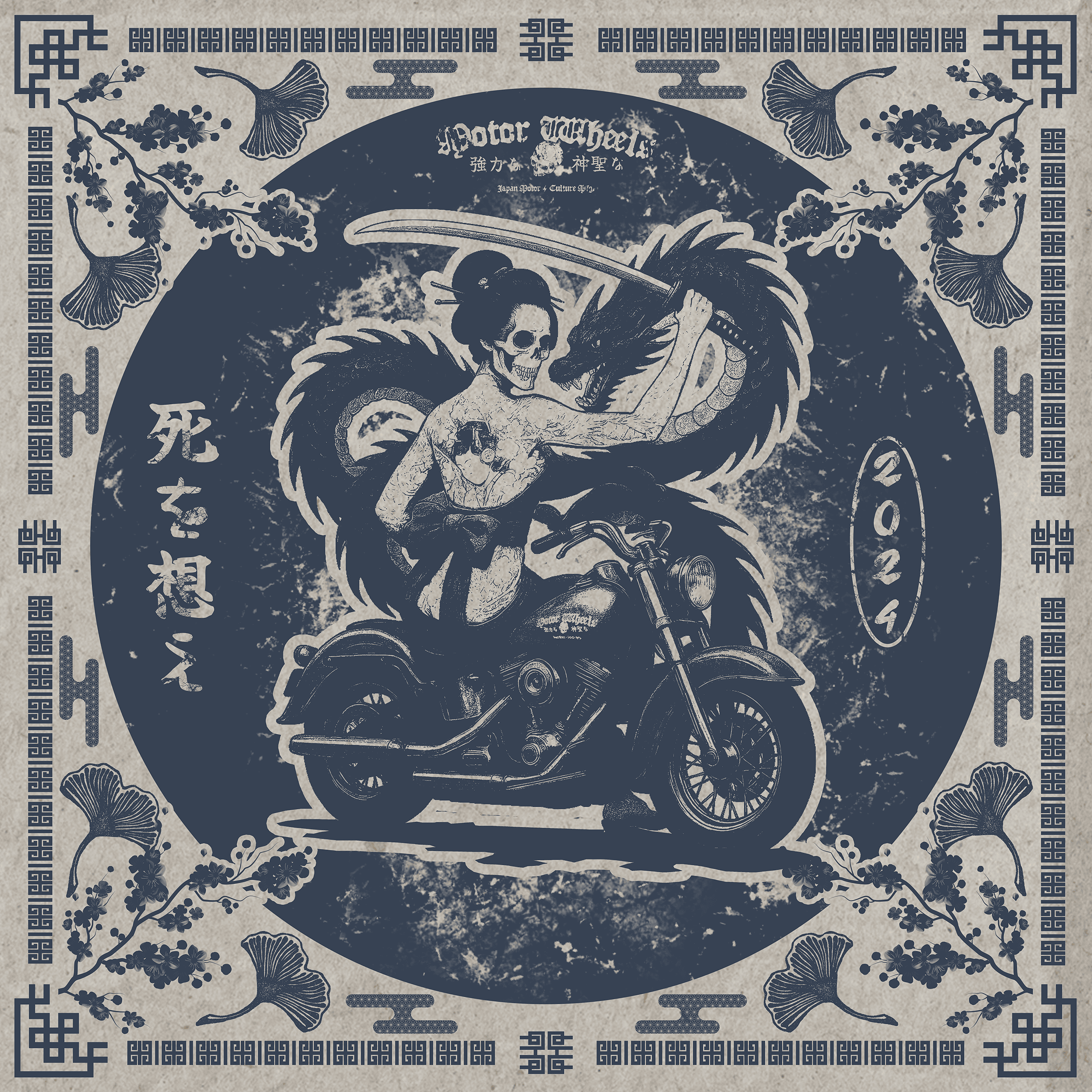 Foulard "Memento Mori" Motor Wheels avec geisha-squelette, dragon japonais et moto custom, style biker indigo vintage
