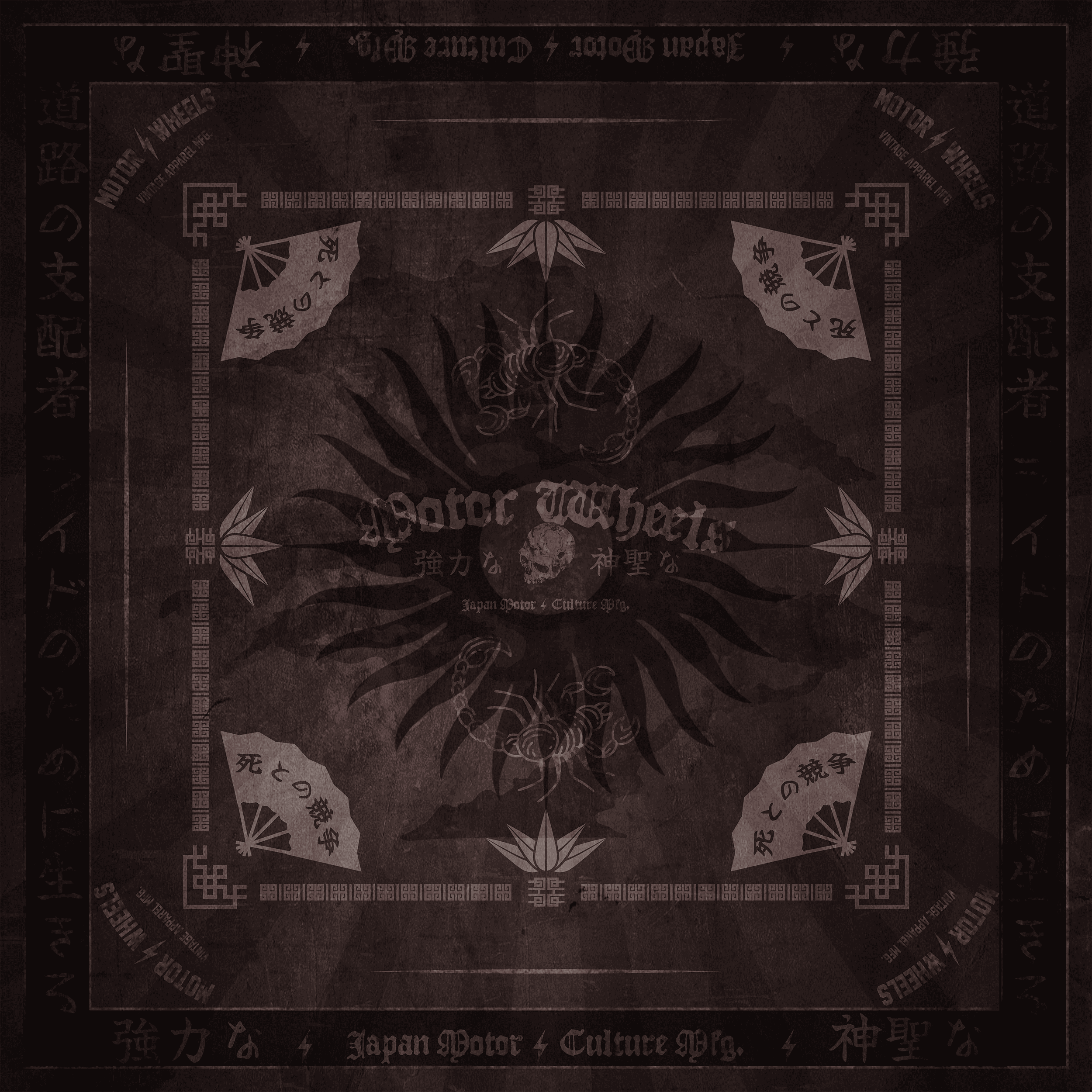 Foulard noir "Live to Ride" Motor Wheels avec motifs scorpions, kanji japonais et lettrage biker