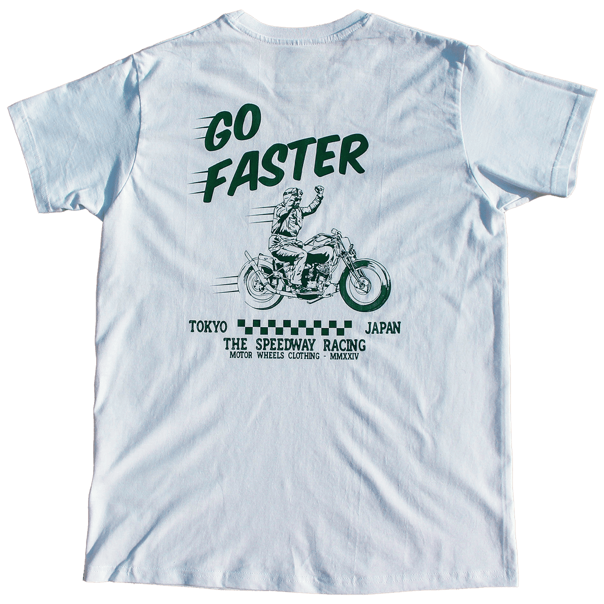 T-shirt moto vintage "Go Faster" en coton bio, imprimé biker sur moto vintage, Motor Wheels Clothing