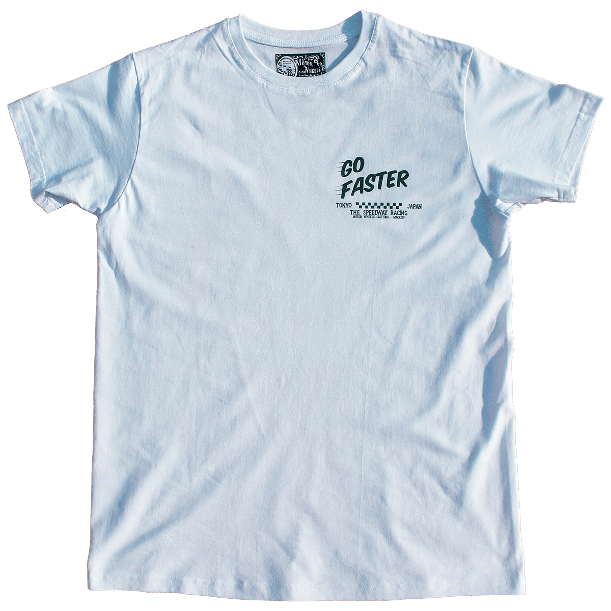 T-shirt moto vintage "Go Faster" en coton bio, imprimé biker sur moto vintage, Motor Wheels Clothing