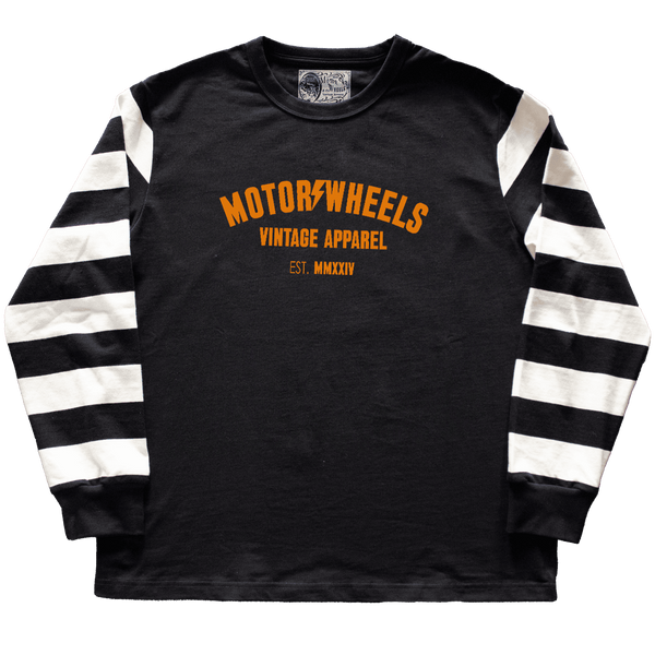 Jersey vintage noir à manches longues rayées blanches et noires Motor Wheels, coton épais 280g