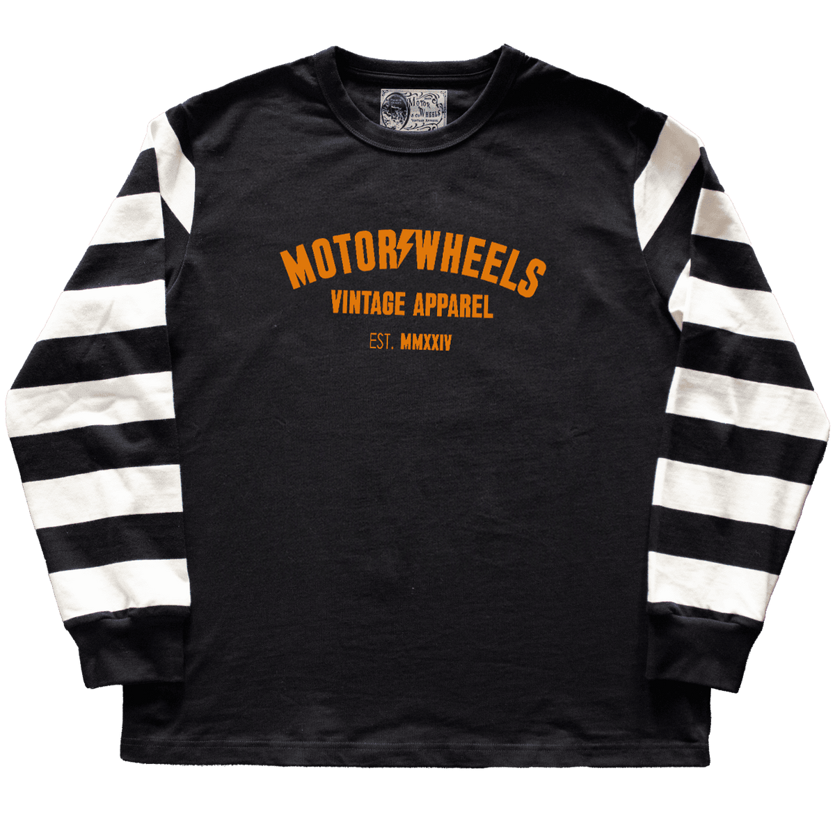 Jersey vintage noir à manches longues rayées blanches et noires Motor Wheels, coton épais 280g