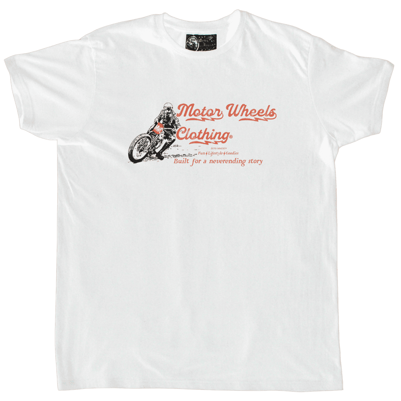 T-shirt blanc "Fun & Lifestyle" Motor Wheels avec motif moto vintage et slogan "Built for a neverending story"