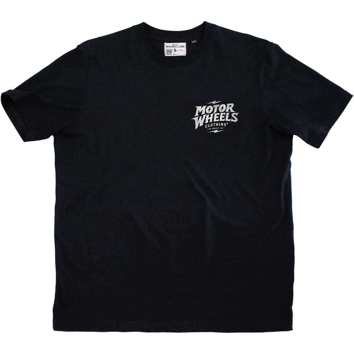 Dos du t-shirt noir avec logo illustré Motor Wheels Clothing et mascotte mécanicien tenant une clé à molette