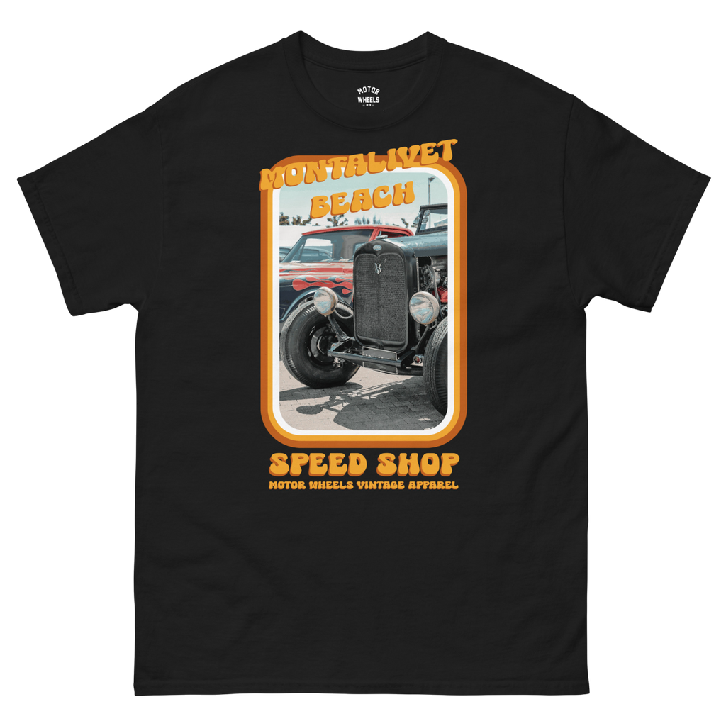 T-shirt "Montalivet Beach" blanc, design vintage surf & sand races, Motor Wheels Clothing
