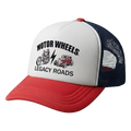 Casquette trucker Motor Wheels Legacy Roads bleu marine et rouge avec imprimé moto et hot rod vintage