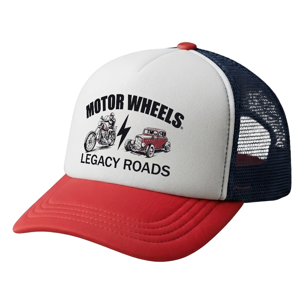 Casquette trucker Motor Wheels Legacy Roads bleu marine et rouge avec imprimé moto et hot rod vintage