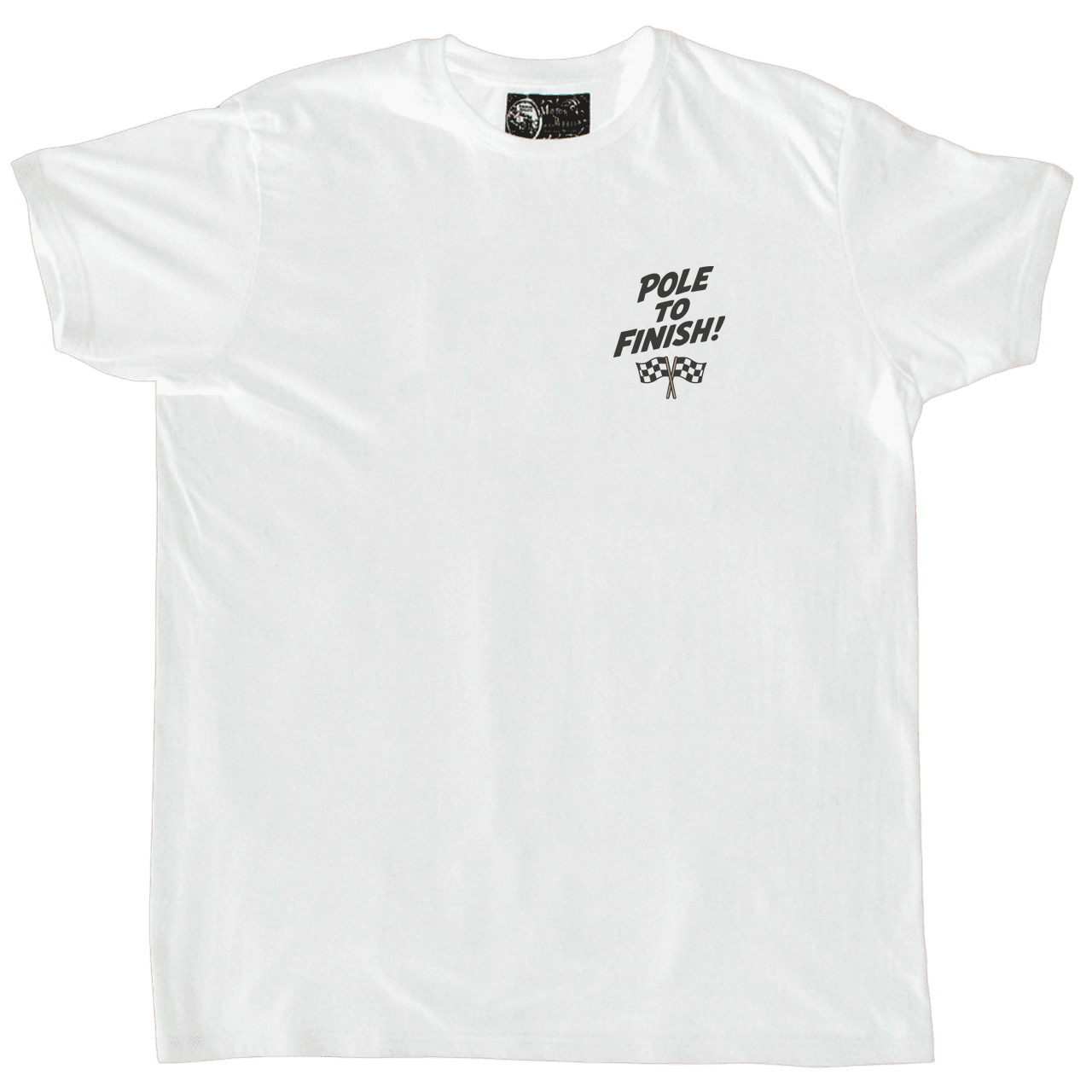 T-shirt Motor & Wheels “From Start to Glory!” blanc, design rétro d’un motard cartoon vintage sur moto classique, style gentlemen racer.