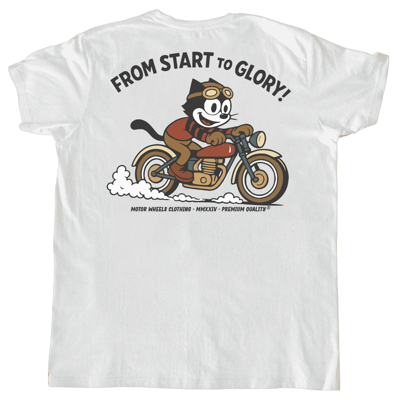 T-shirt Motor & Wheels “From Start to Glory!” blanc, design rétro d’un motard cartoon vintage sur moto classique, style gentlemen racer.
