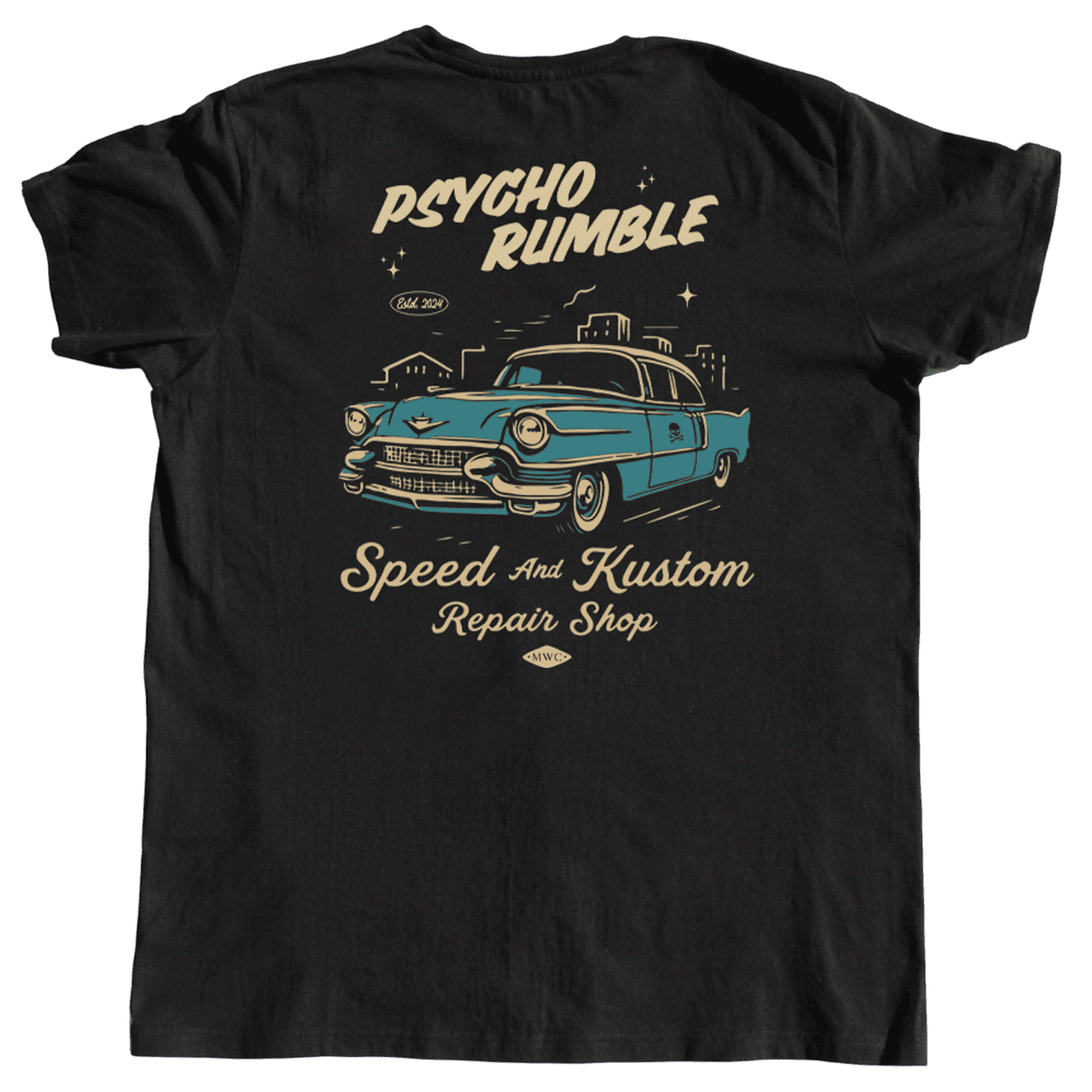 T-shirt noir "Psycho Rumble" Motor Wheels avec voiture rétro bleue et lettrage vintage beige