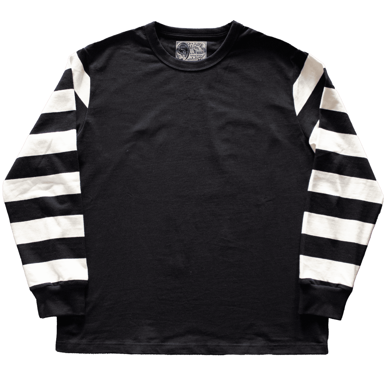 Jersey vintage noir à manches longues rayées blanches et noires Motor Wheels, coton épais 280g