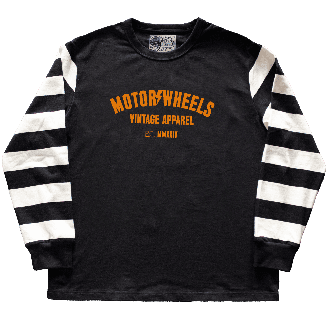 Jersey vintage noir à manches longues rayées blanches et noires Motor Wheels, coton épais 280g
