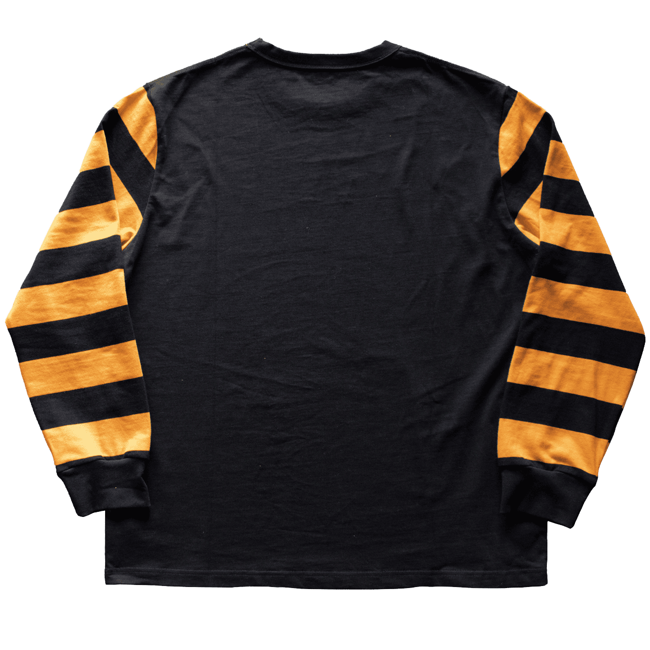 Jersey noir Motor & Wheels “Pit Crew” à manches rayées jaunes et noires, style racing vintage.