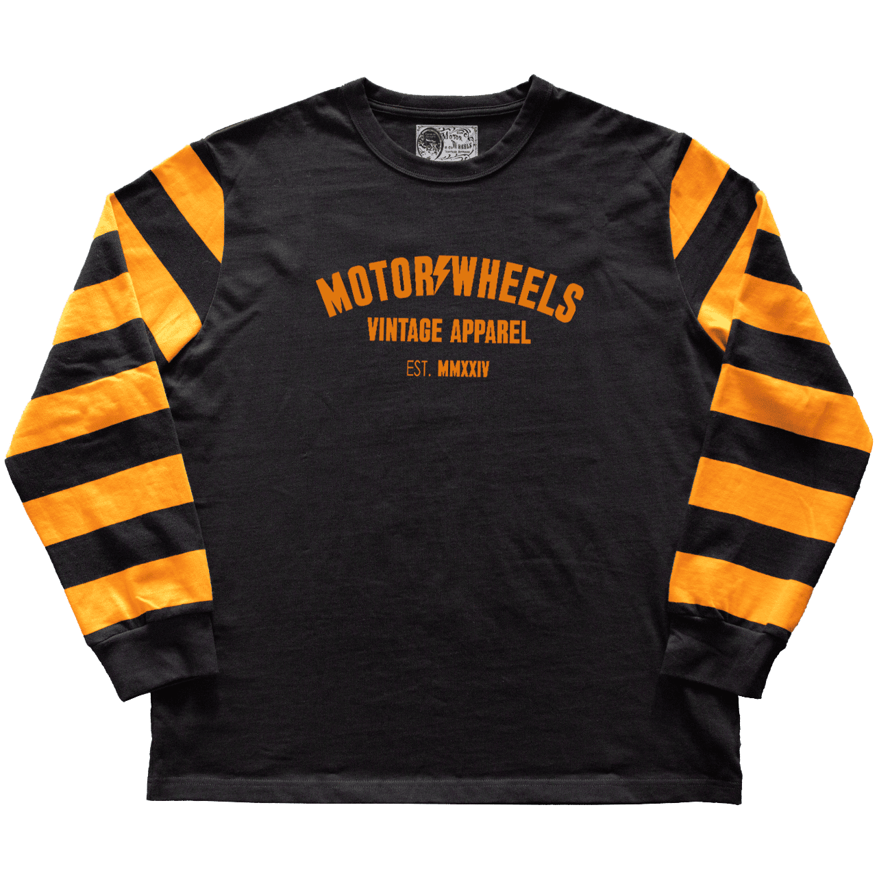 Jersey noir Motor & Wheels “Pit Crew” à manches rayées jaunes et noires, style racing vintage.