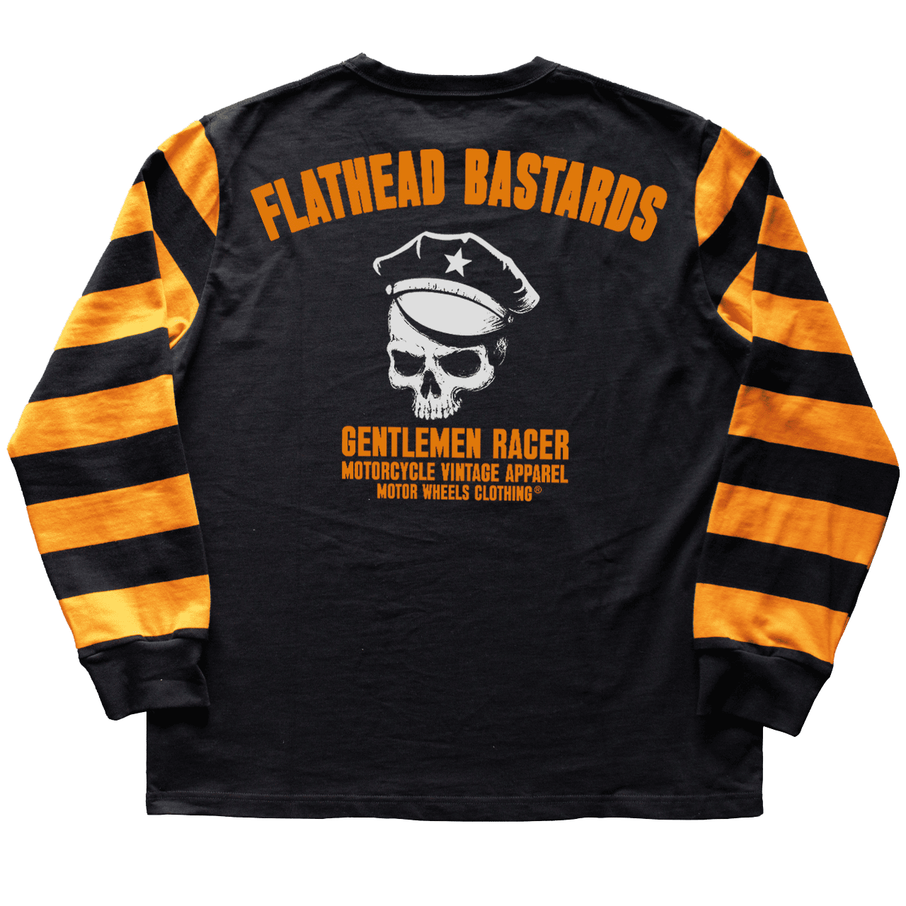 Jersey noir Motor & Wheels “Pit Crew” à manches rayées jaunes et noires, style racing vintage.
