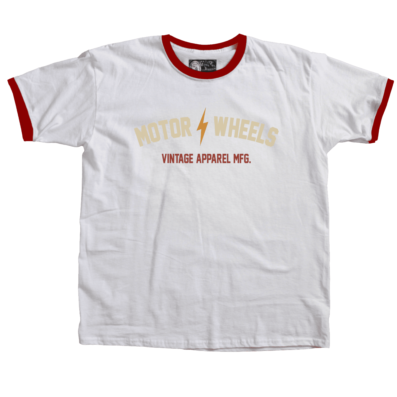 T-shirt blanc "Red One" Motor Wheels avec col et manches rouges et logo vintage sur la poitrine