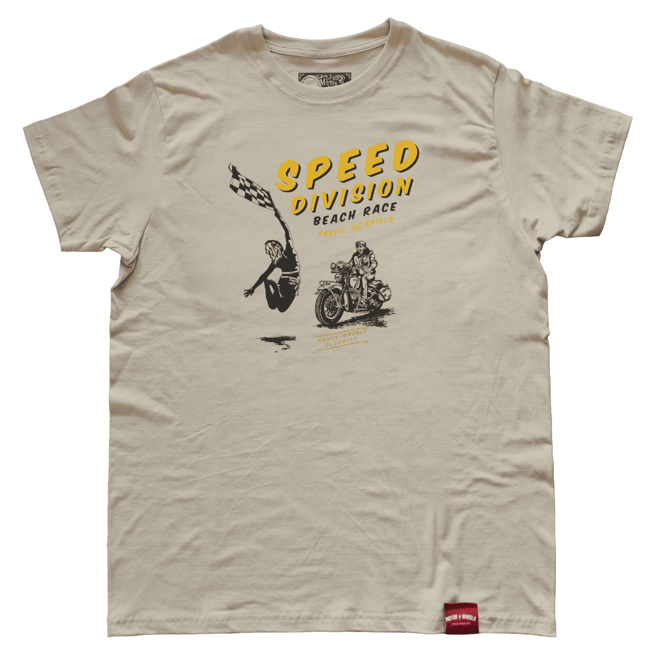 T-shirt "Speed Division" en beige et kaki, édition limitée, style racing vintage, Motor Wheels Clothing