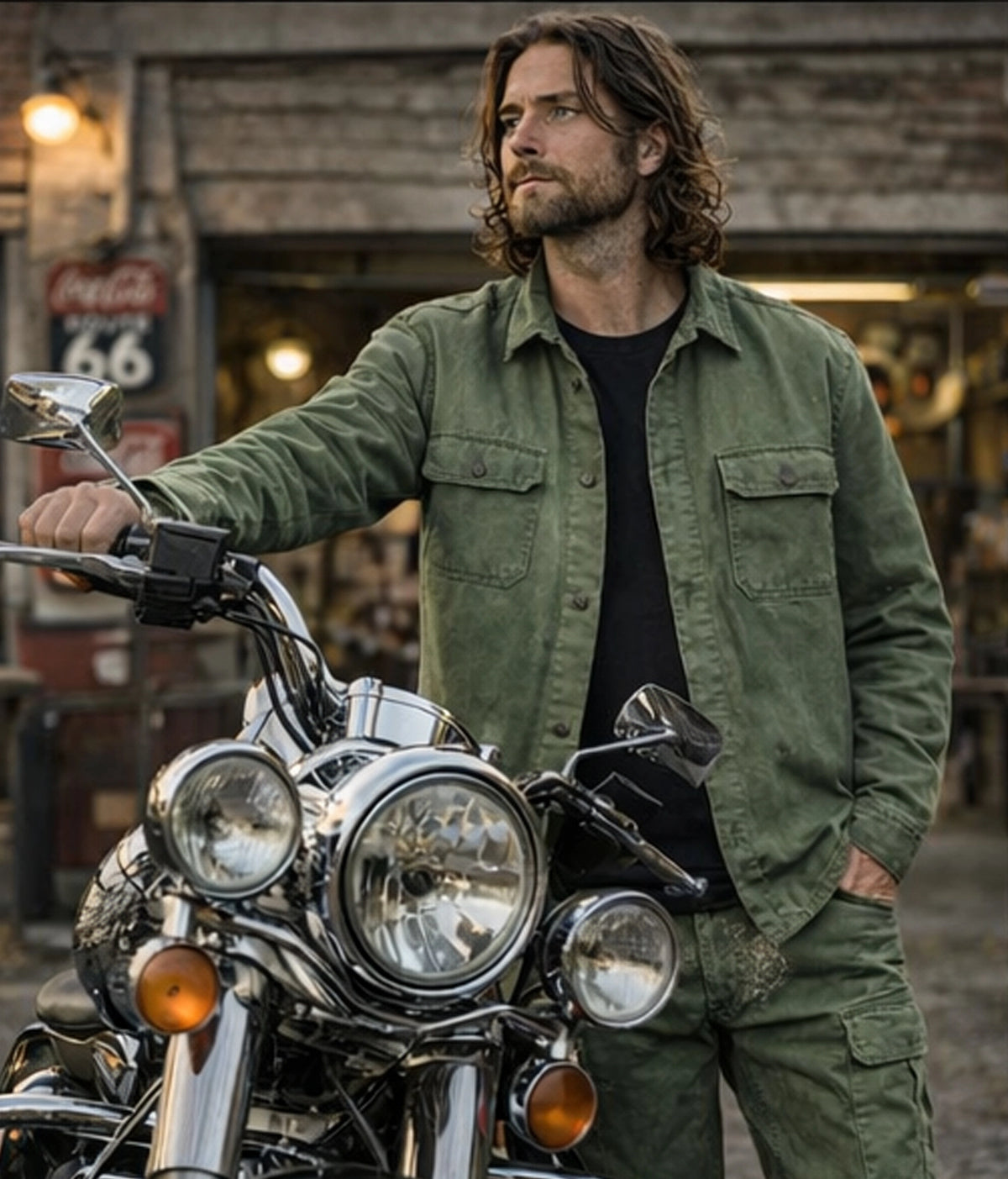 surchemise workwear verte Motor Wheels Clothing en coton biologique, style vintage, avec poches poitrine et boutons contrastés.