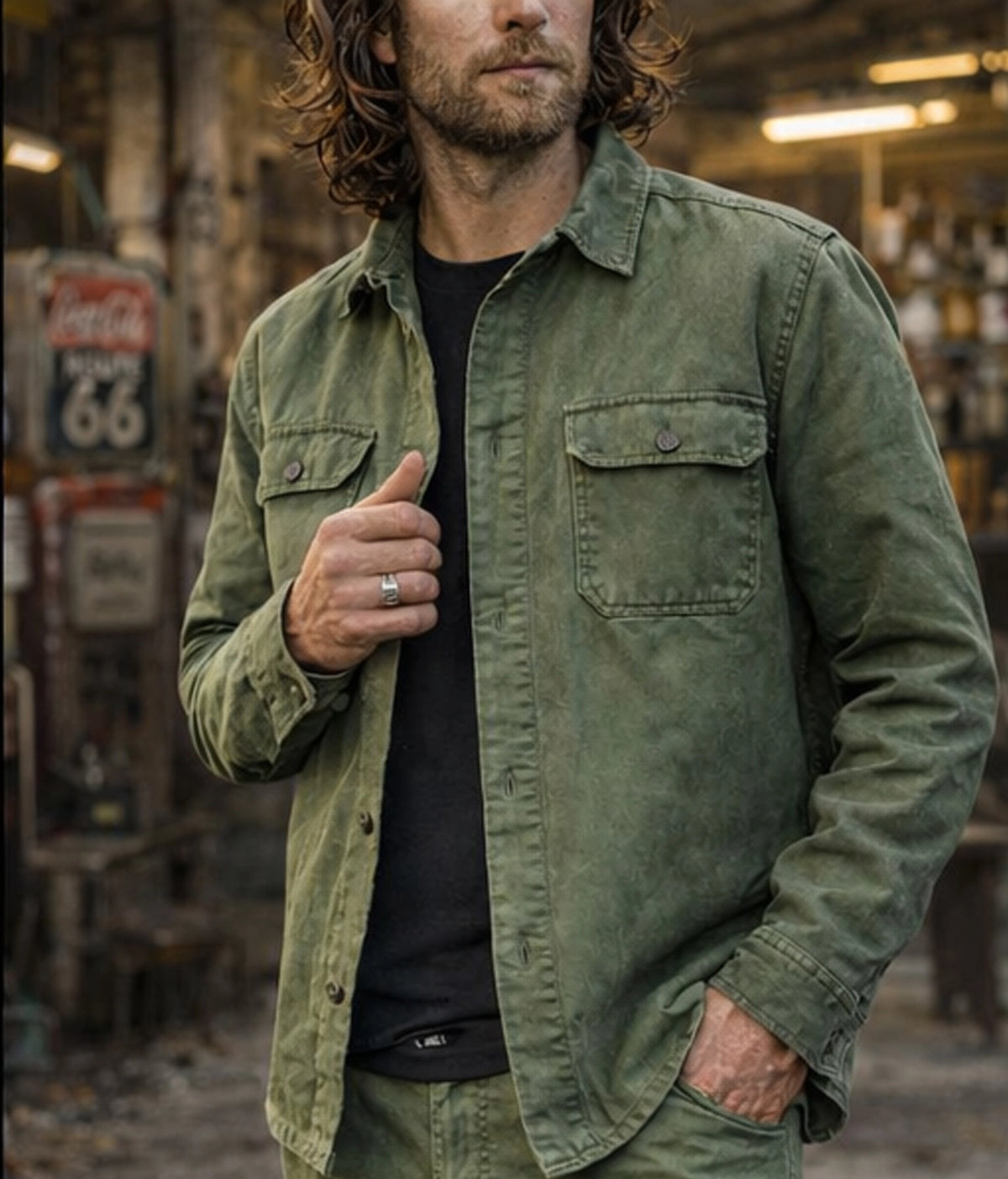 surchemise workwear verte Motor Wheels Clothing en coton biologique, style vintage, avec poches poitrine et boutons contrastés.