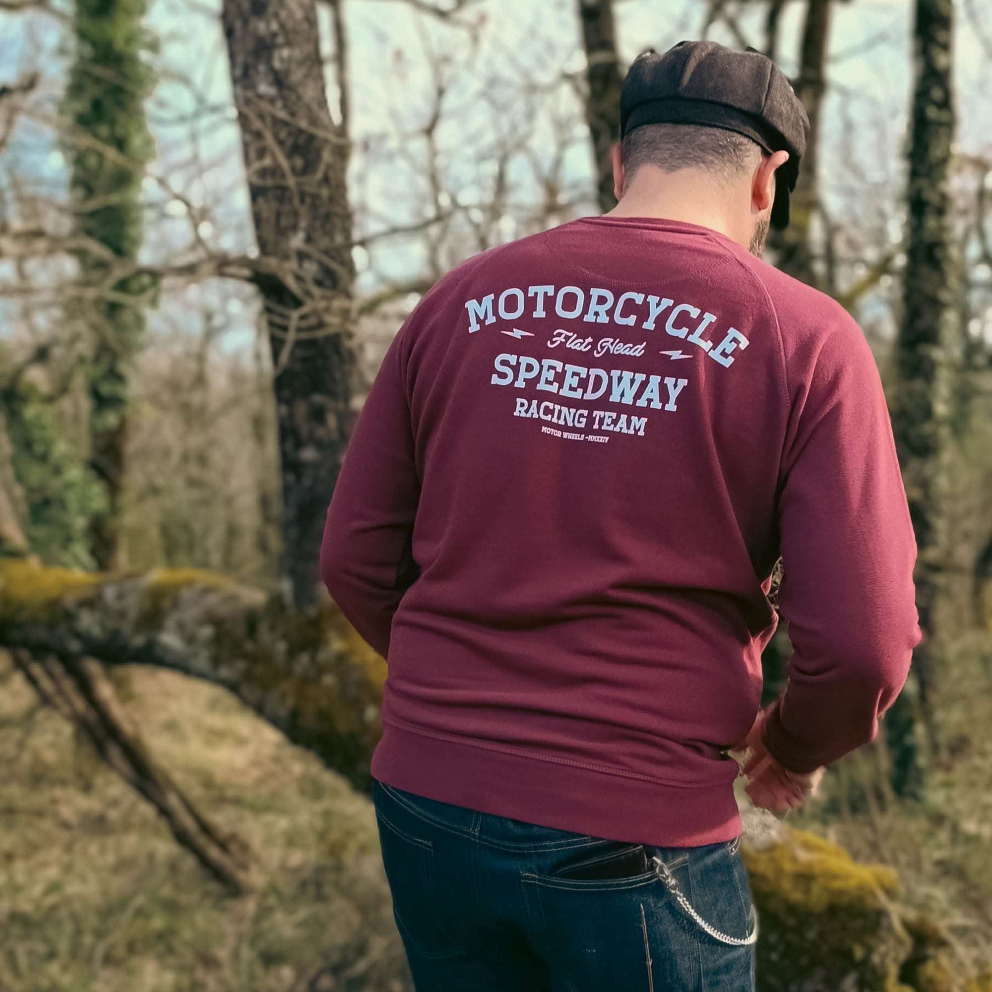 Sweatshirt "Speedway" gris chiné, molleton gratté, inspiré des courses vintage, Motor Wheels Clothing