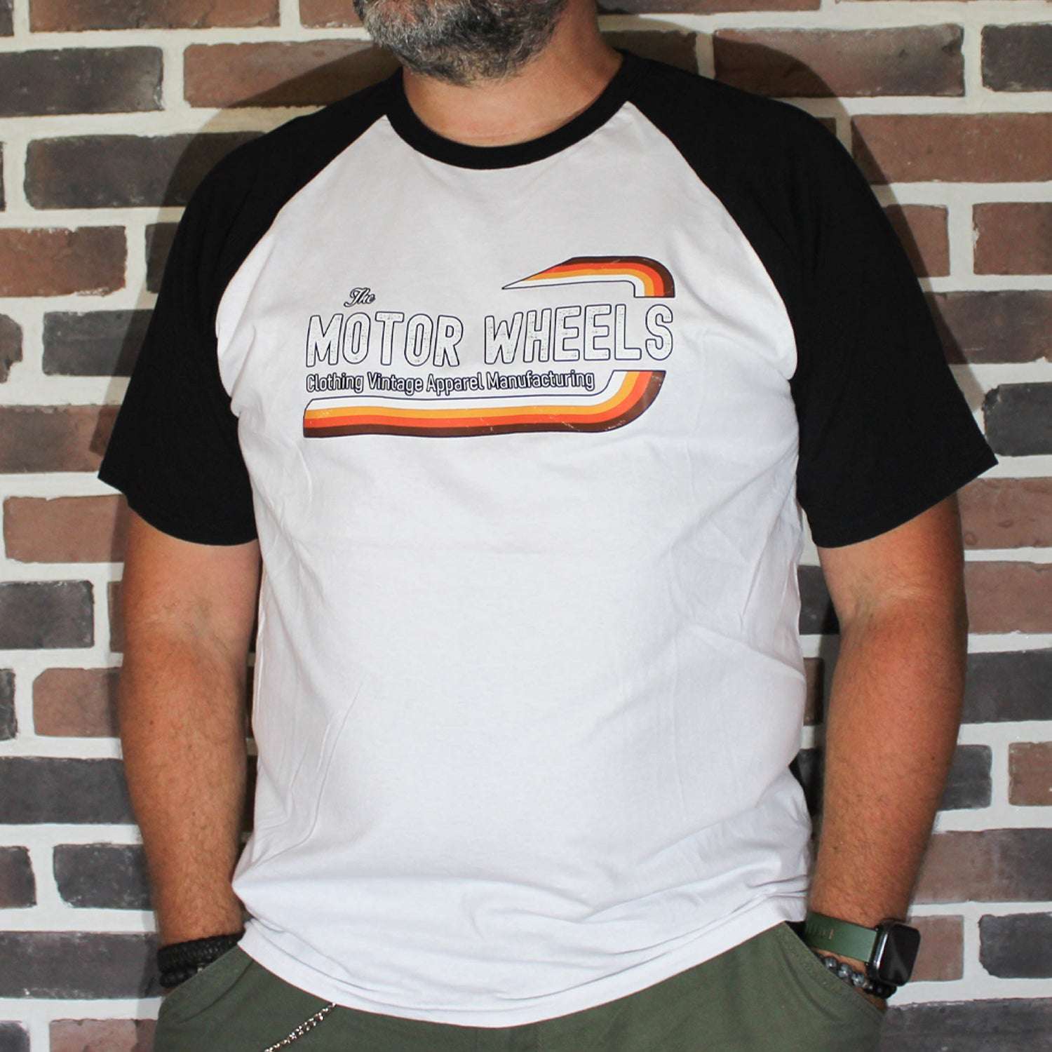 T-shirt baseball "KUSTOM PUNTA" blanc et noir, coton bio, style garage vintage, Motor Wheels Clothing