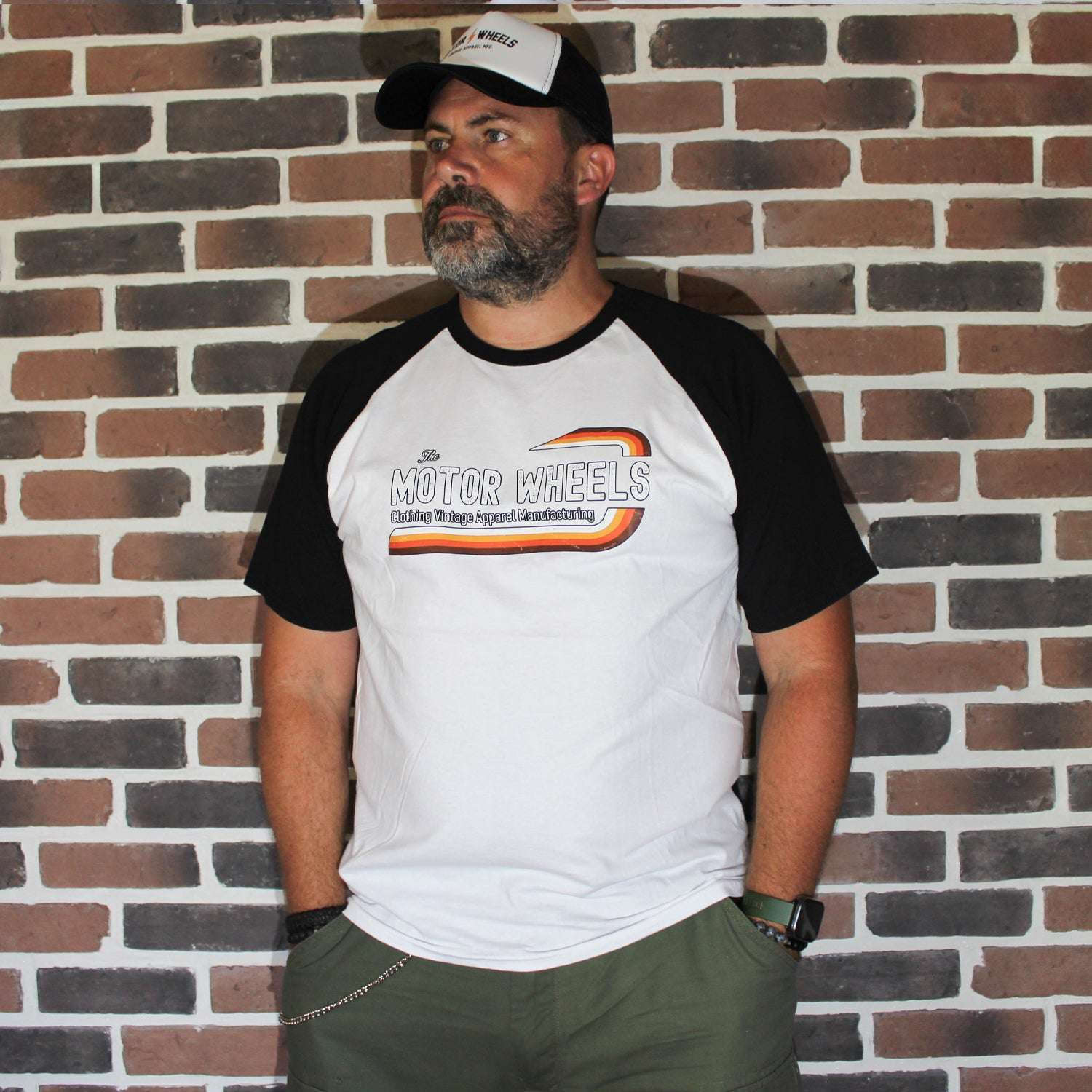 T-shirt baseball "KUSTOM PUNTA" blanc et noir, coton bio, style garage vintage, Motor Wheels Clothing