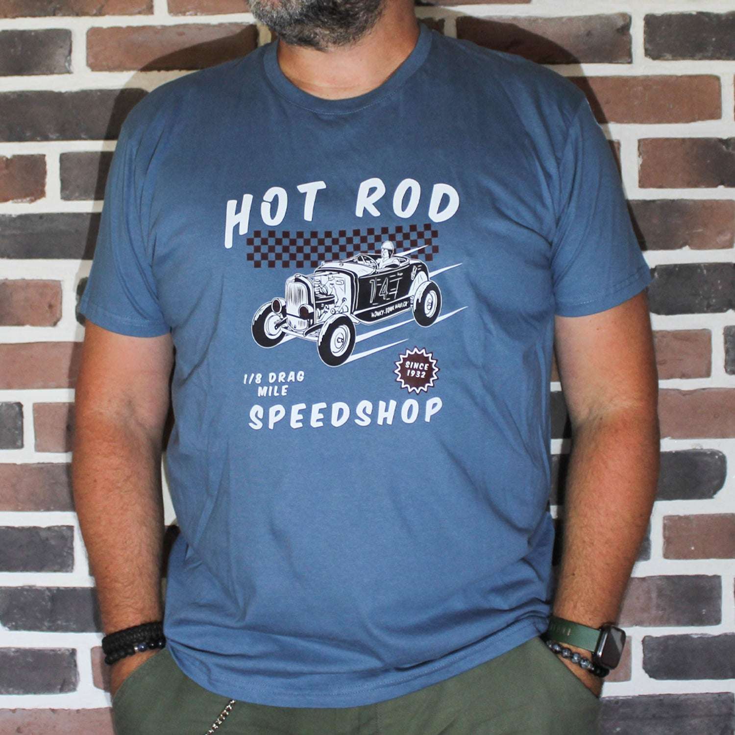 T-shirt bleu "Hot Rod Speedshop", style garage vintage, coton bio, Motor Wheels Clothing