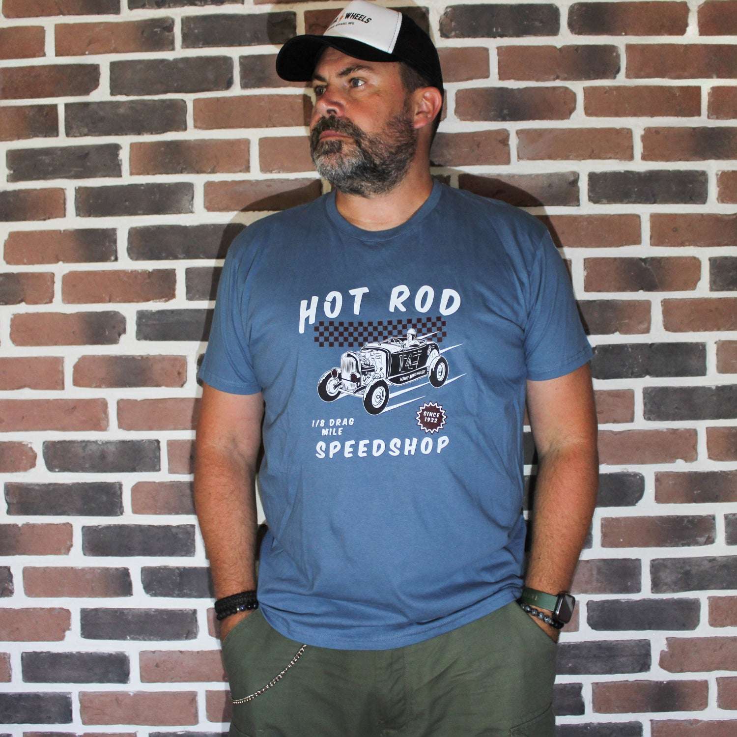 T-shirt bleu "Hot Rod Speedshop", style garage vintage, coton bio, Motor Wheels Clothing