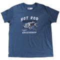 T-shirt bleu "Hot Rod Speedshop", style garage vintage, coton bio, Motor Wheels Clothing
