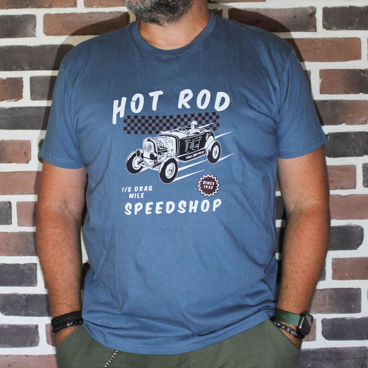 T-shirt bleu "Hot Rod Speedshop", style garage vintage, coton bio, Motor Wheels Clothing