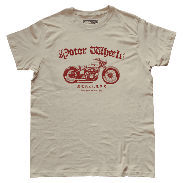 T-shirt "Bobber Sacred" Motor Wheels avec moto bobber old school et caractères japonais "Vivre pour rouler"
