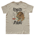 T-shirt blanc "Byakko" Motor Wheels avec tigre japonais rugissant, lettrage "Hold Fast" et kanji