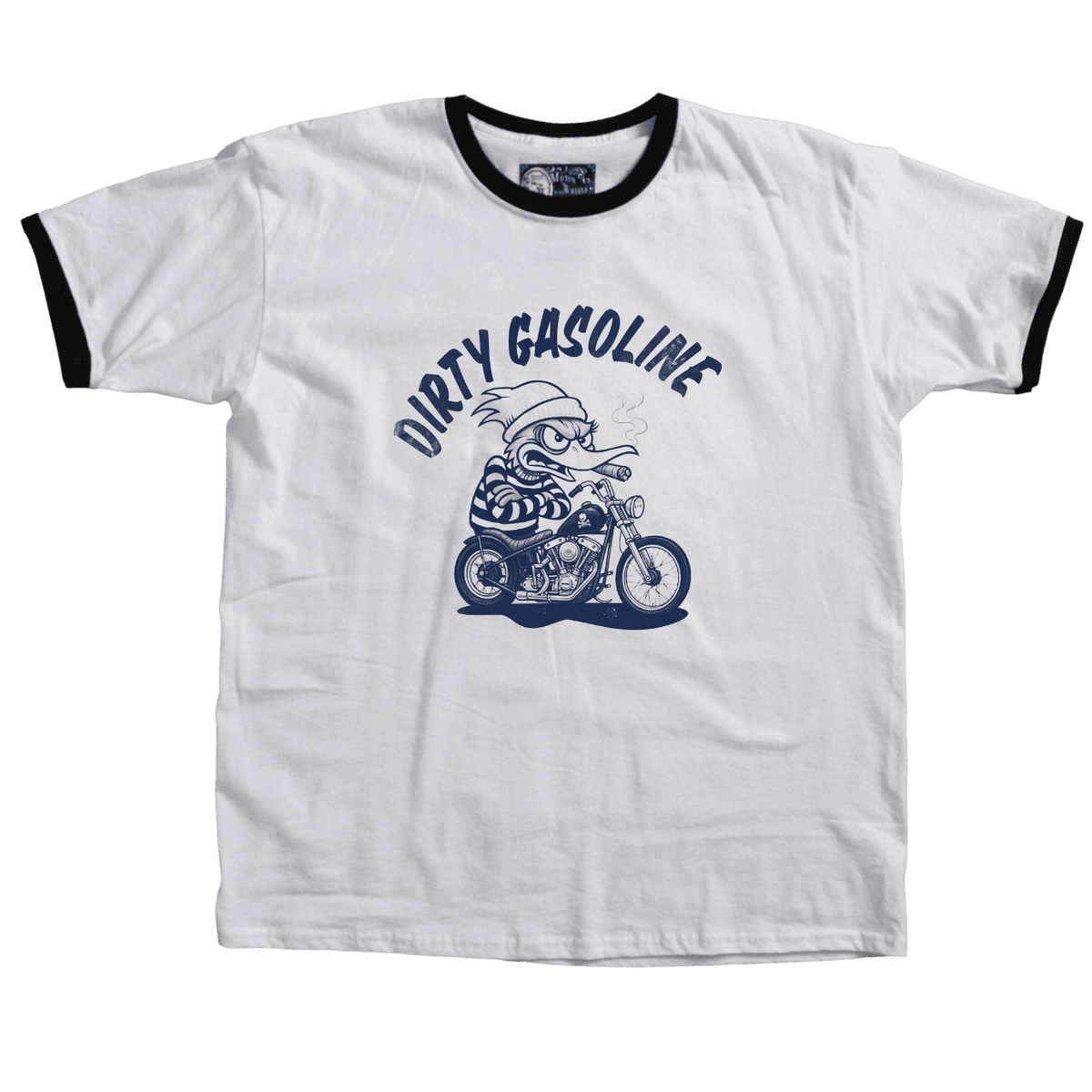 T-shirt blanc ringer "Dirty Gasoline" avec illustration cartoon d’un canard biker sur chopper et lettrage vintage