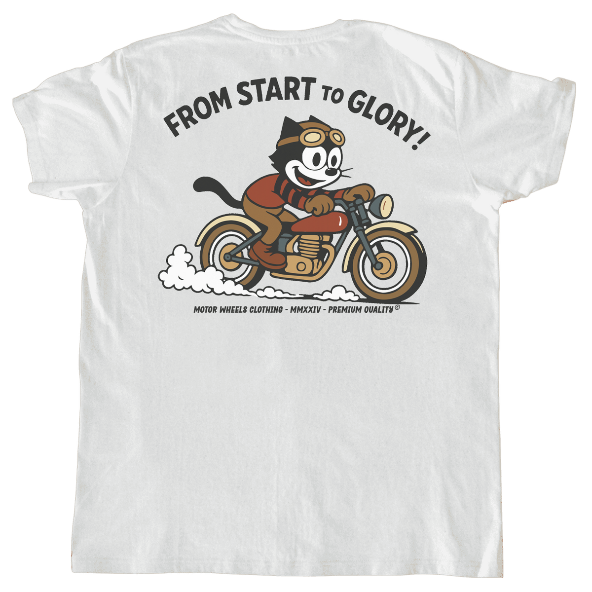 T-shirt Motor & Wheels “From Start to Glory!” blanc, design rétro d’un motard cartoon vintage sur moto classique, style gentlemen racer.