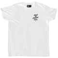 T-shirt Motor & Wheels “From Start to Glory!” blanc, design rétro d’un motard cartoon vintage sur moto classique, style gentlemen racer.