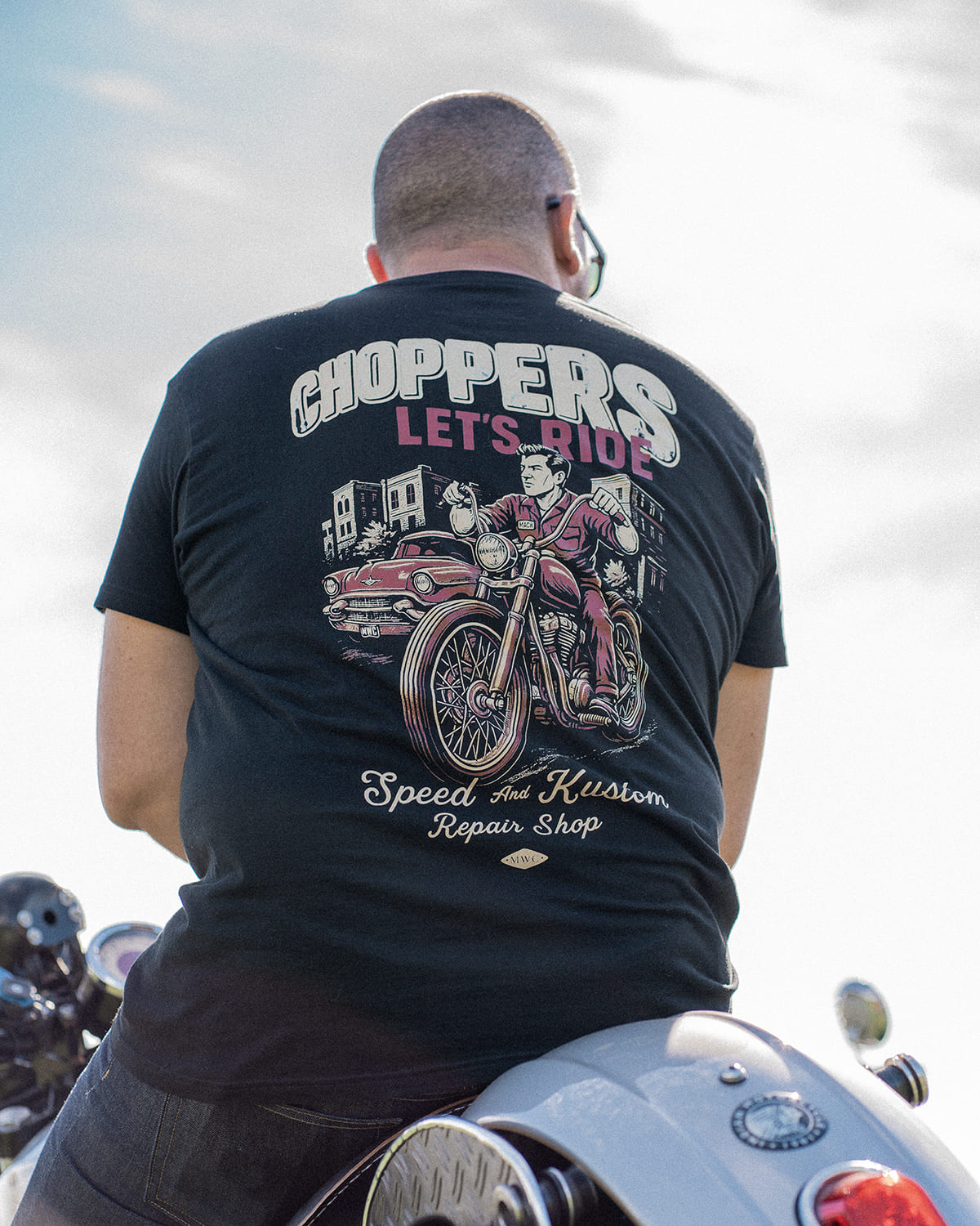 T-shirt "Let’s Ride" Motor Wheels, design vintage biker avec impression chopper au dos
