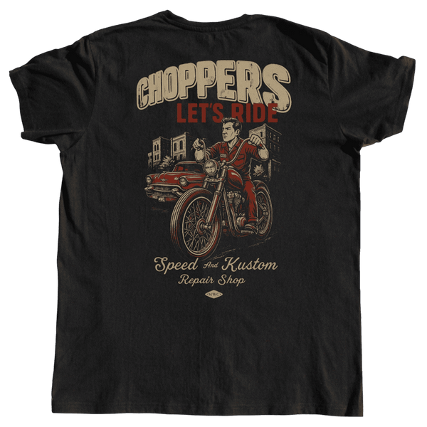 T-shirt "Let’s Ride" Motor Wheels, design vintage biker avec impression chopper au dos