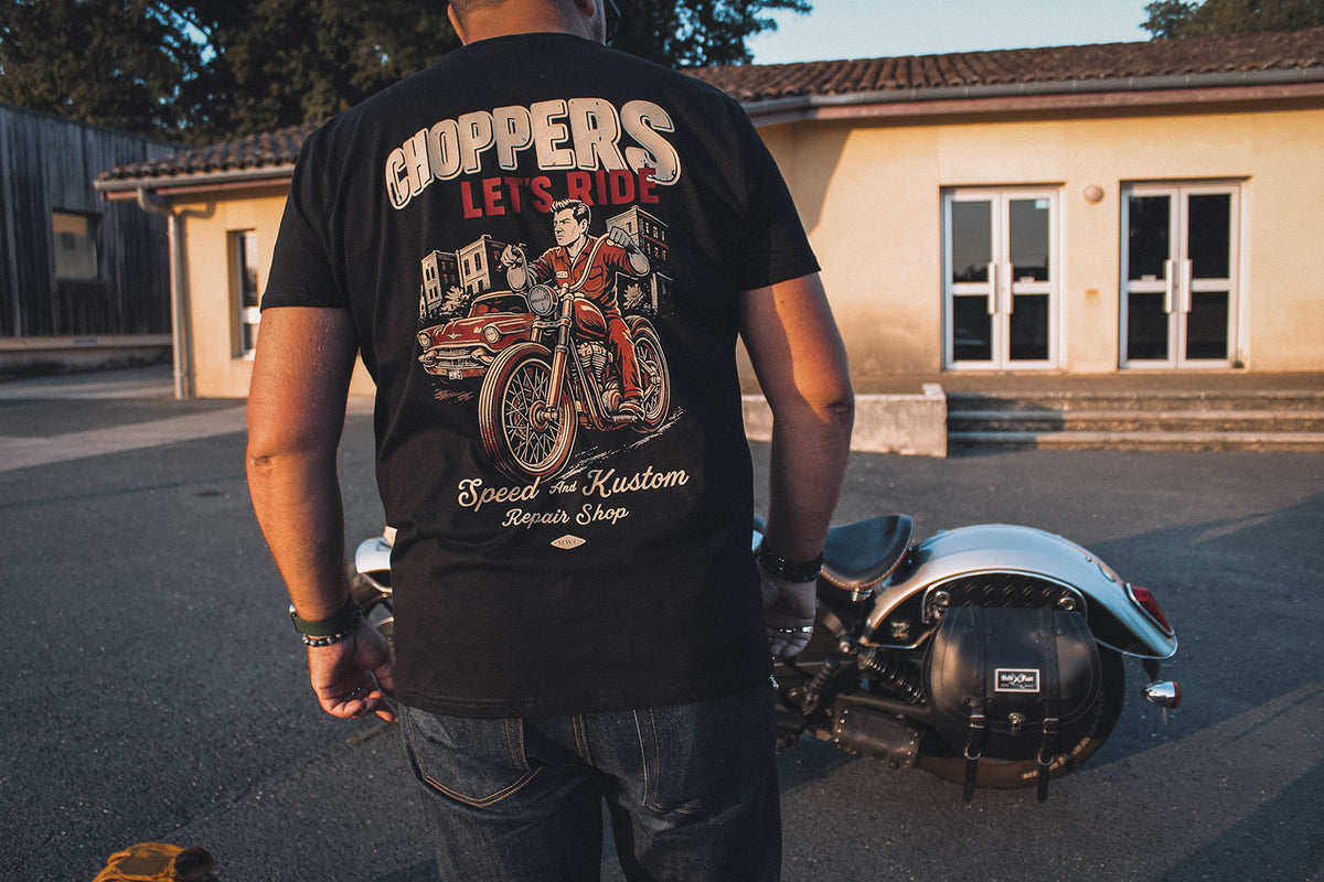 T-shirt "Let’s Ride" Motor Wheels, design vintage biker avec impression chopper au dos