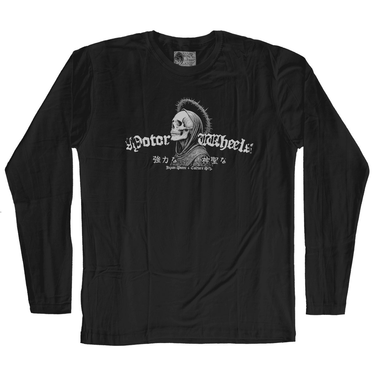 T-shirt noir manches longues "Angel of Mercy" Motor Wheels avec ange squelettique, halo d’épines et lettrage gothique