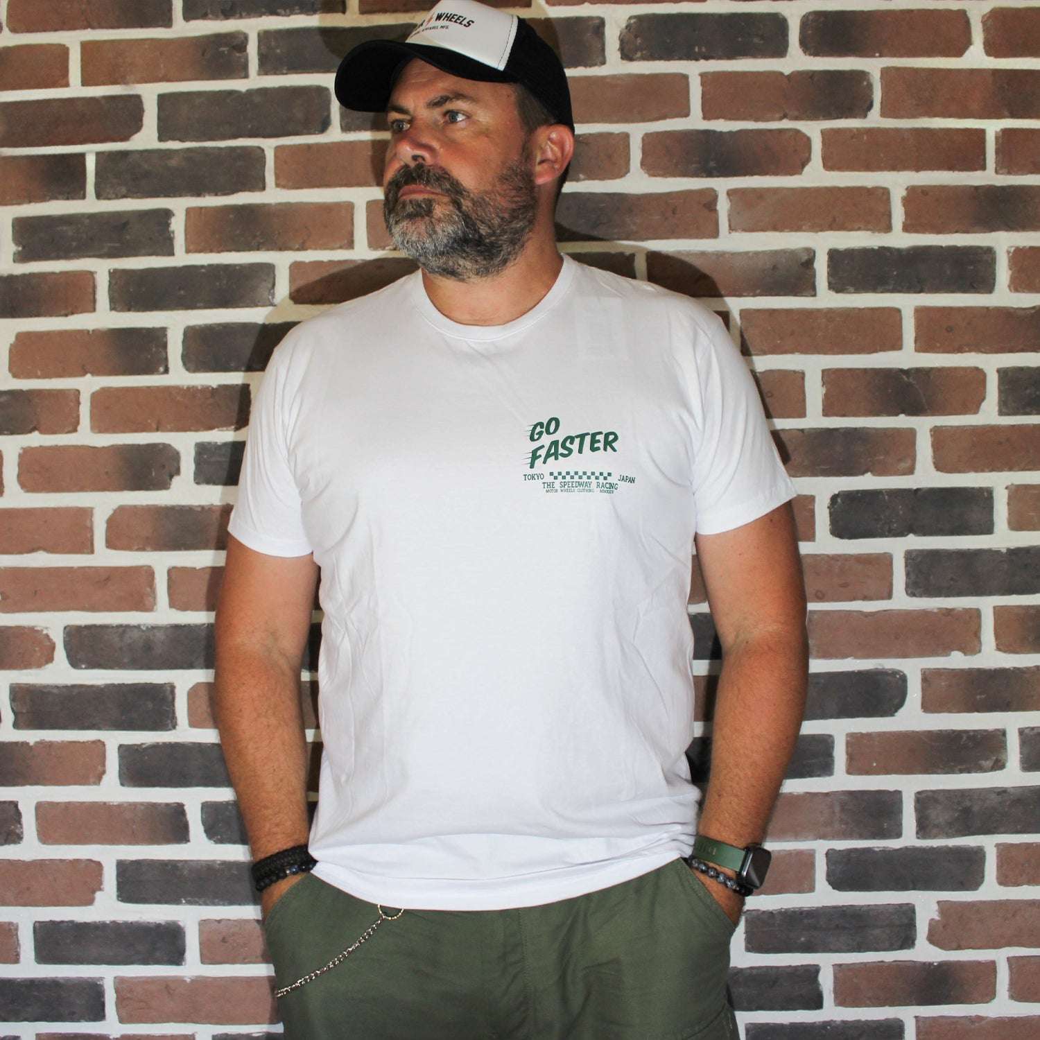T-shirt moto vintage "Go Faster" en coton bio, imprimé biker sur moto vintage, Motor Wheels Clothing