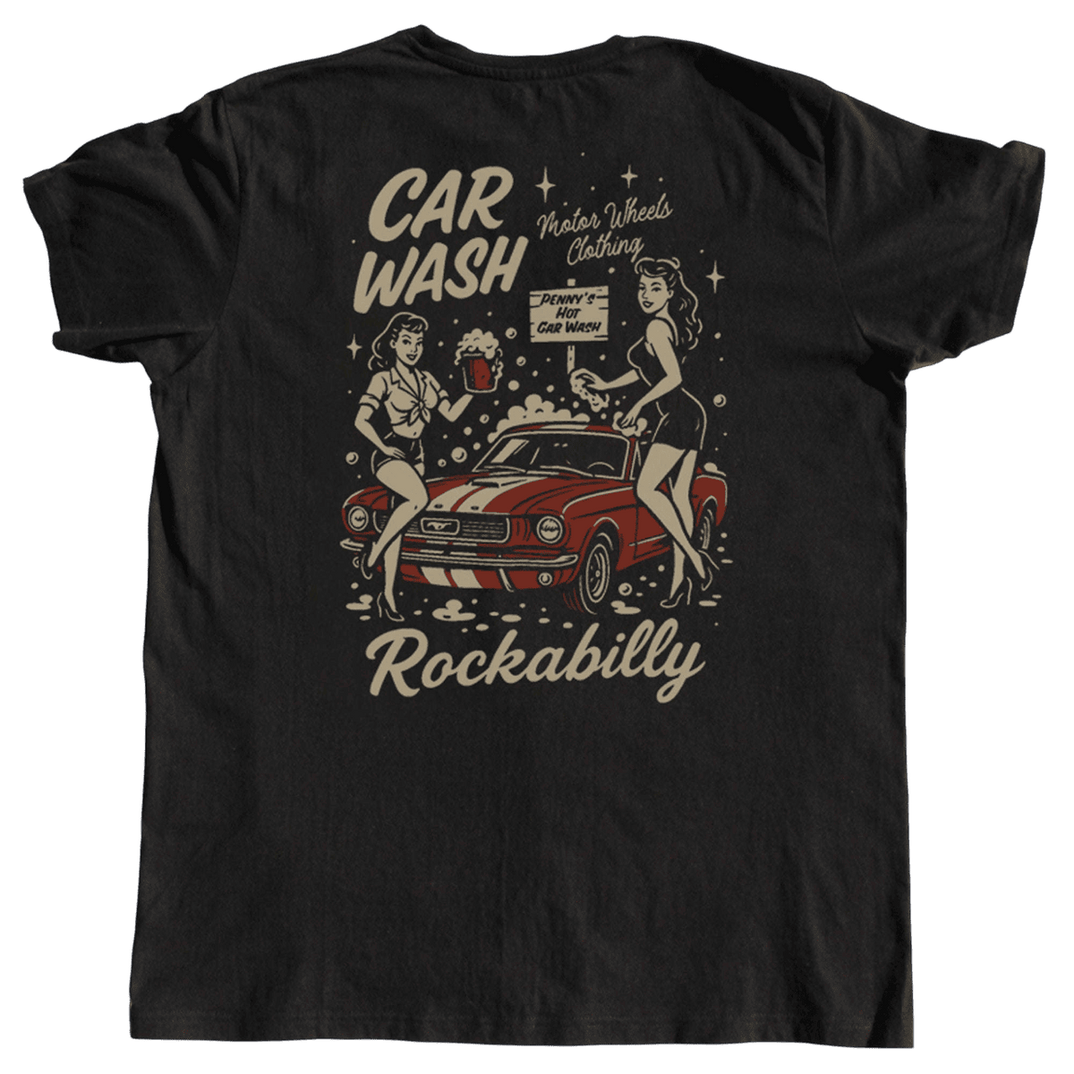 T-shirt "Penny’s Hot Car Wash" Motor Wheels avec visuel pin-up rétro et muscle cars