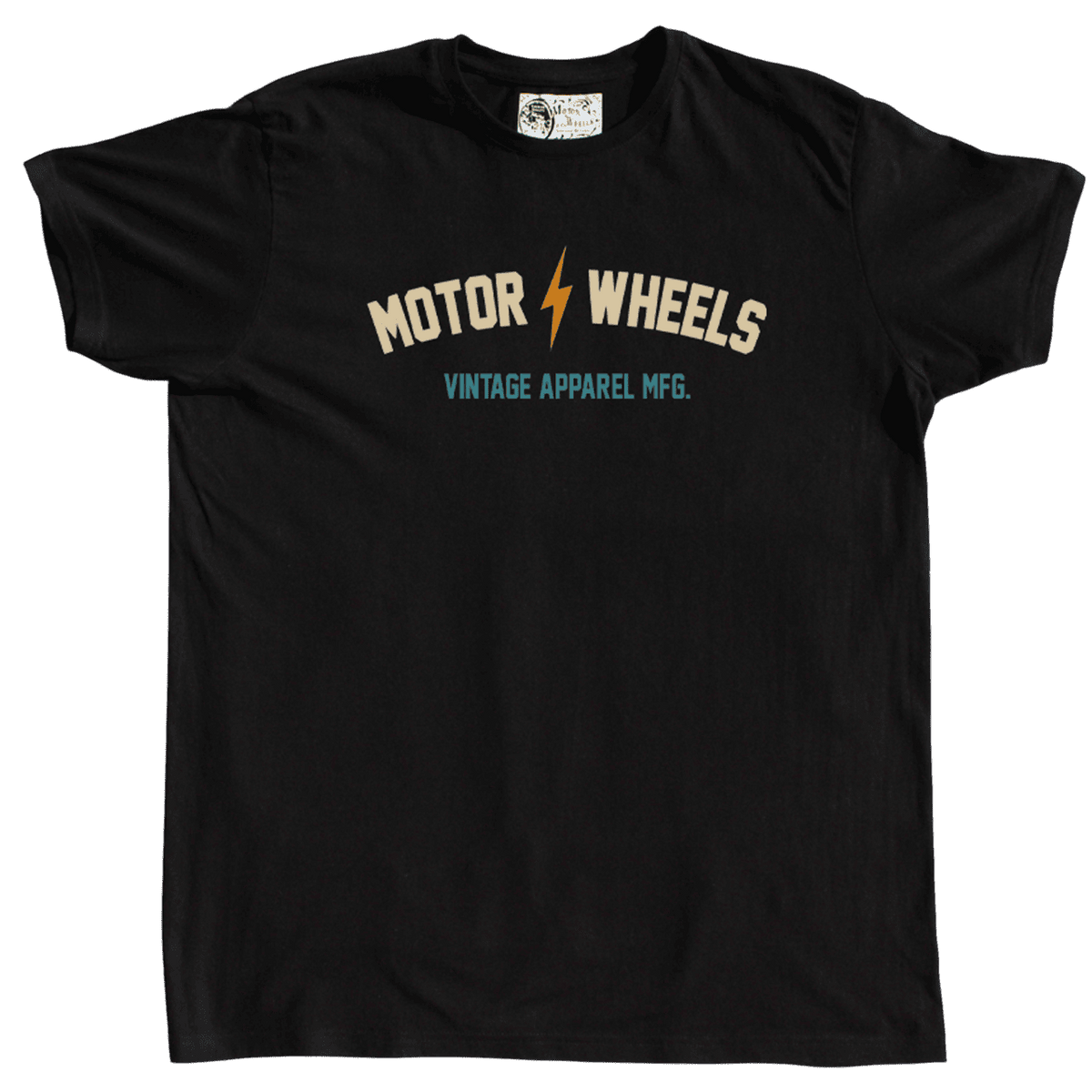 T-shirt noir "Psycho Rumble" Motor Wheels avec voiture rétro bleue et lettrage vintage beige