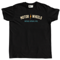 T-shirt noir "Psycho Rumble" Motor Wheels avec voiture rétro bleue et lettrage vintage beige