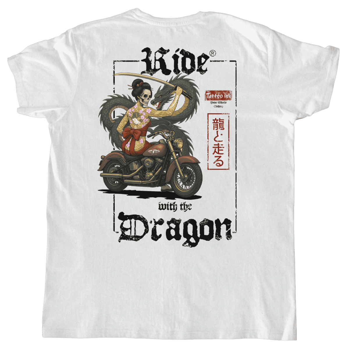 T-shirt blanc "Ride with the Dragon" Motor Wheels avec geisha, dragon japonais et moto custom