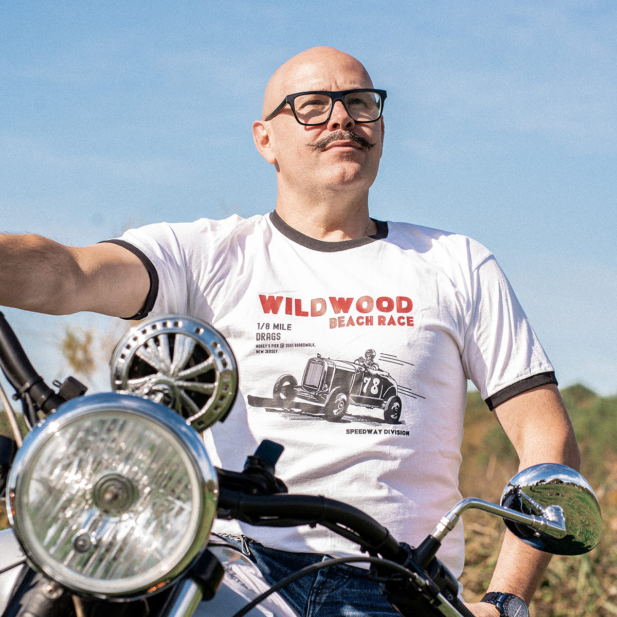 T-shirt ringer "WILDWOOD", blanc et bleu, inspiré des beach races, style vintage, Motor Wheels Clothing
