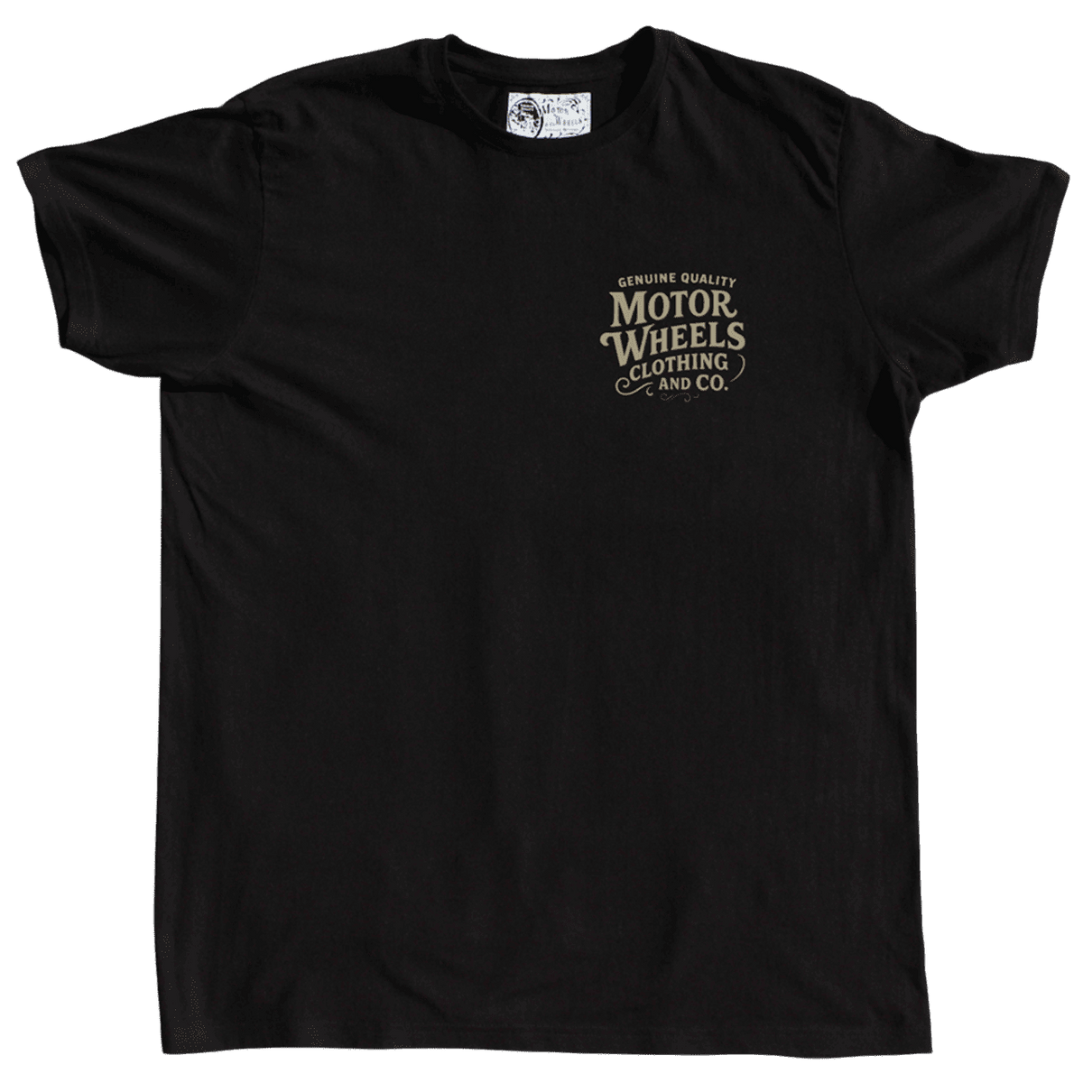 T-shirt noir "Signature" Motor Wheels avec logo vintage sur la poitrine et grand logo au dos